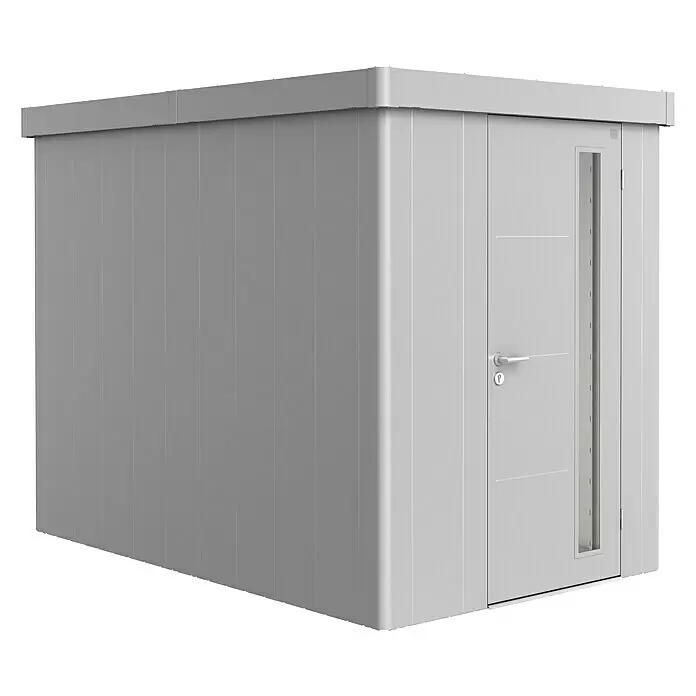 Biohort Neo Gerätehaus Neo 3A - Außenbreite inkl. Dachüberstand: 180 cm, Außentiefe inkl. Dachüberstand: 292 cm, Stahl, Silber-Metallic - Grauer, moderner Geräteschuppen mit einer Tür und schmalem Fenster.