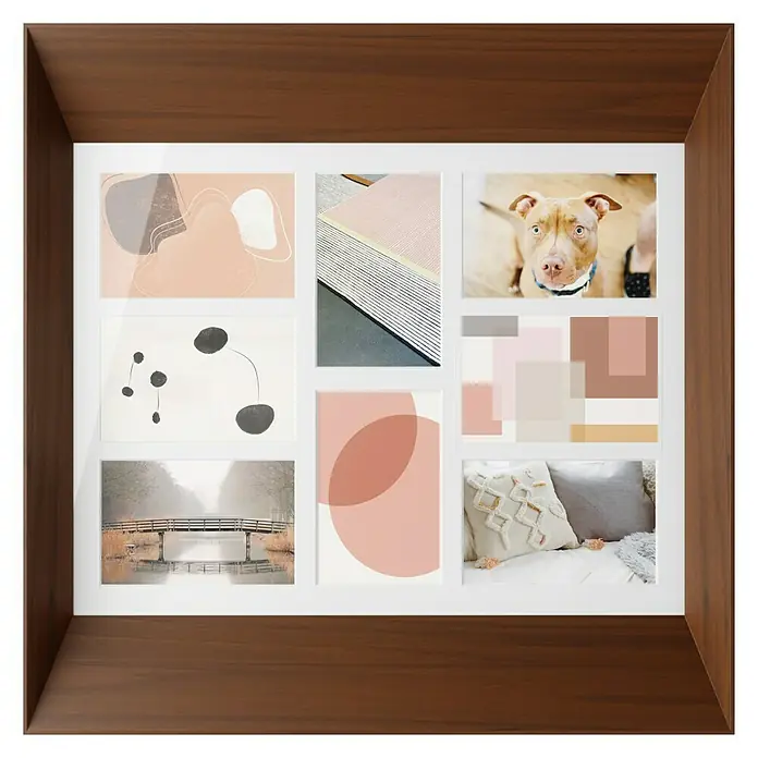 Umbra Collagerahmen Lookout - Anzahl Fotoplatzhalter: 8 Stk., Dunkelbraun, Holz - Das Wandregal aus Holz präsentiert eine Auswahl an Kunstdrucken, darunter abstrakte Designs, eine Landschaft und ein Porträt.