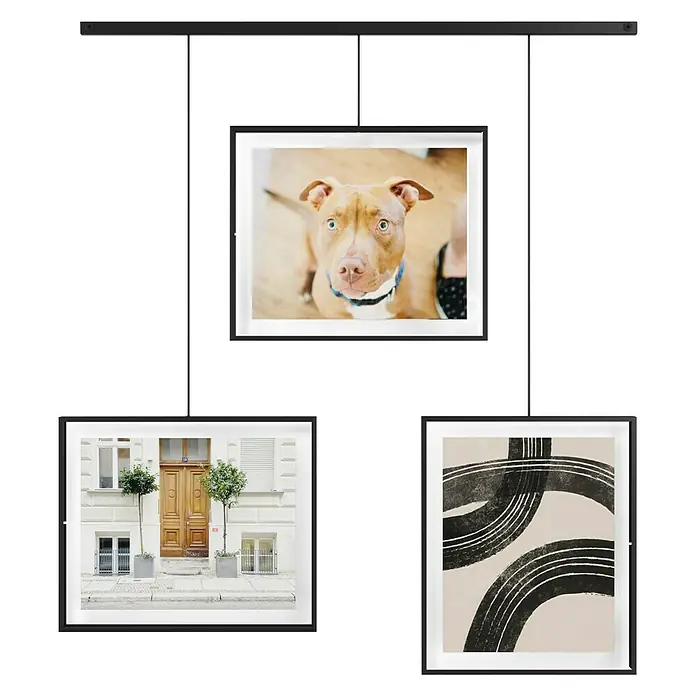 Umbra Bilderrahmen-Set Exhibit - 3 x 20x25 cm, Schwarz, Metall - Hängendes Display mit drei gerahmten Bildern, die ein Haus, ein abstraktes Design und ein Hund zeigen, an einer schwarzen Stange.