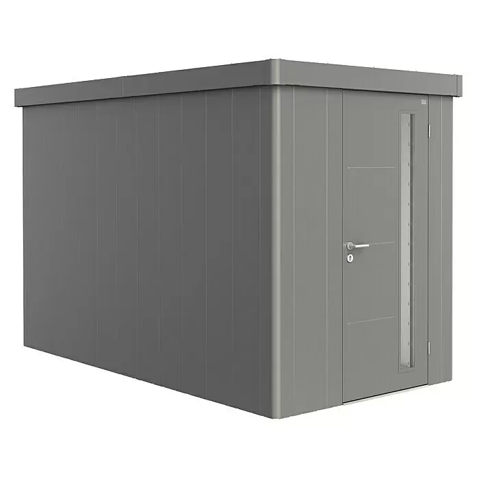 Biohort Neo Gerätehaus Neo 4A - Außenbreite inkl. Dachüberstand: 180 cm, Außentiefe inkl. Dachüberstand: 348 cm, Stahl, Quarzgrau-Metallic - Moderner grauer Gartenschuppen mit einer Tür mit Fenster und schlankem Griff.