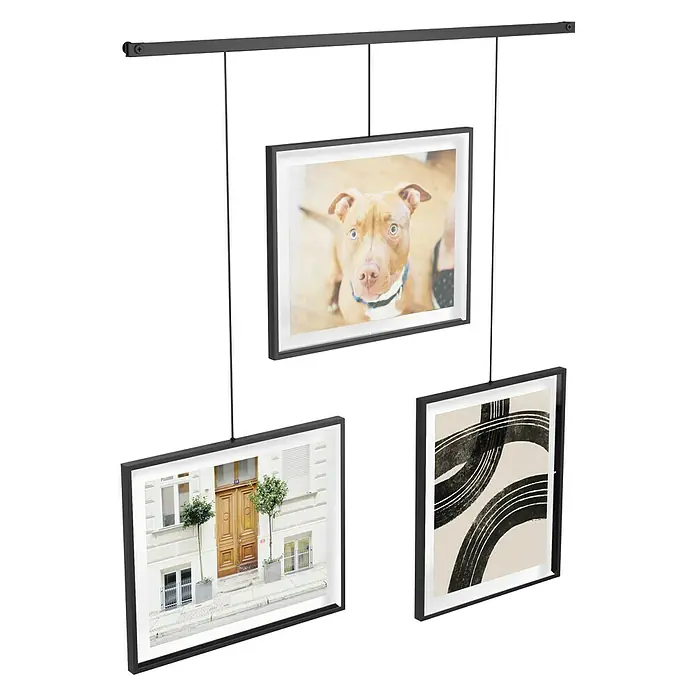 Umbra Bilderrahmen-Set Exhibit - 3 x 20x25 cm, Schwarz, Metall - Hängegalerie mit drei Bilderrahmen, die ein Hund, ein Gebäude und ein abstraktes Kunstwerk zeigen.