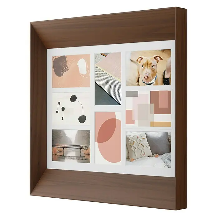 Umbra Collagerahmen Lookout - Anzahl Fotoplatzhalter: 8 Stk., Dunkelbraun, Holz - Dieses Produkt ist ein stilvoller Holzrahmen, der neun einzigartige Bilder präsentiert, darunter abstrakte Kunst, Landschaftsansichten und ein Hundeporträt.