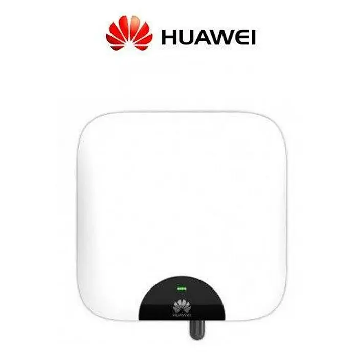 Huawei Inversor híbrido SUN2000L1 - 3 kW, L x An x Al: 15,6 x 36,5 x 36,5 cm - Imagen del producto del inversor Huawei, un dispositivo blanco y compacto con el logotipo de la empresa.