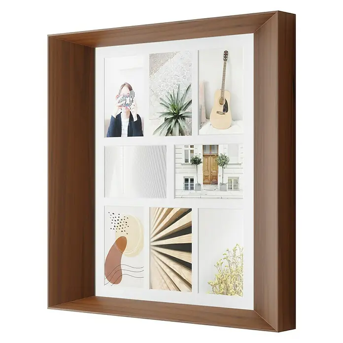 Umbra Collagerahmen Lookout - Anzahl Fotoplatzhalter: 8 Stk., Dunkelbraun, Holz - Brauner Bilderrahmen mit neun verschiedenen Bildern in weißen Passepartouts, die eine Collage ergeben.