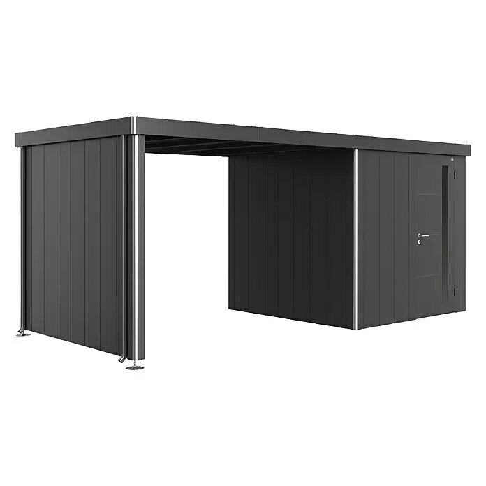 Biohort Neo Seitendach - Passend für: Biohort Gerätehaus NEO, Dunkelgrau Metallic, 300 x 235 cm - Ein dunkelgrauer, moderner Geräteschuppen mit offenem Überdachungsbereich und verschließbarem Schrankteil.