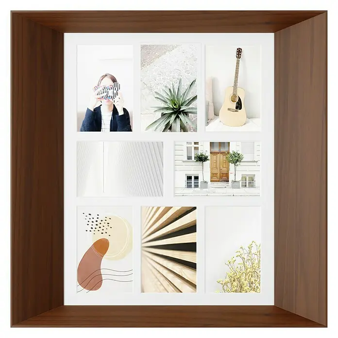 Umbra Collagerahmen Lookout - Anzahl Fotoplatzhalter: 8 Stk., Dunkelbraun, Holz - Ein Holzrahmen mit neun weißen Bildern, die eine Frau, eine Pflanze, eine Gitarre, ein Gebäude, ein abstraktes Design und Blumen zeigen.