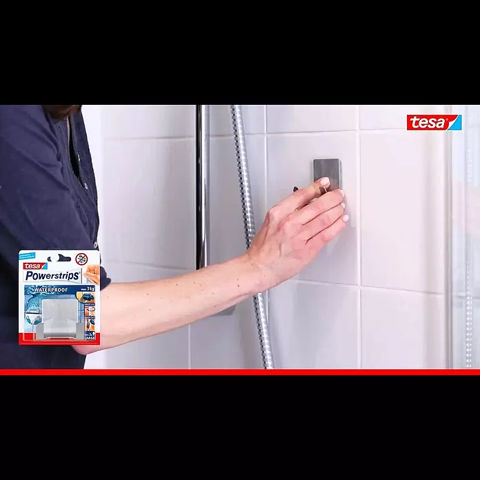 Tesa Powerstrips Waterproof Doppelhaken - 1 Stk., Edelstahl - tesa Powerstrips - Wasserfester, selbstklebender Metall-Doppelhaken für's Bad, bis 3kg Halteleistung