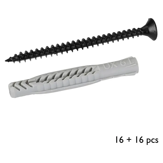 Walteco Rusticline Schrauben-Set - Schraubenset incl. Dübel - Nahaufnahme eines schwarzen Trockenbauschrauben- und Dübelsets, ideal für Befestigungen in Gipskartonplatten und Mauerwerk.