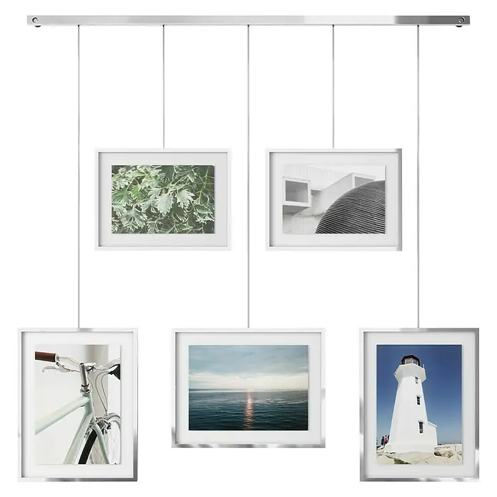 Umbra Bilderrahmen-Set Exhibit - Anzahl Fotoplatzhalter: 5 Stk., Chrom, Metall - Hängende Bilderrahmen mit verschiedenen Motiven, die eine moderne und stilvolle Wanddekoration darstellen.\n