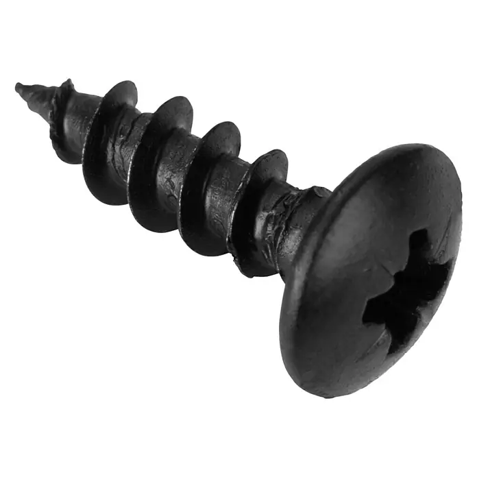 Walteco Rusticline Universalschraube RT-50 - Ø x L: 5 x 16 mm, Schwarz, 16 Stk. - Nahaufnahme einer schwarzen Holzschraube mit Kreuzschlitzkopf vor schwarzem Hintergrund.