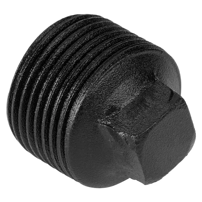 Walteco Rusticline Verschraubung Tube - Stahl, Schwarz, 2 Stk. - Nahaufnahme eines schwarzen, quadratischen Rohrstopfens mit Gewinde und strukturierten Details auf schwarzem Hintergrund.