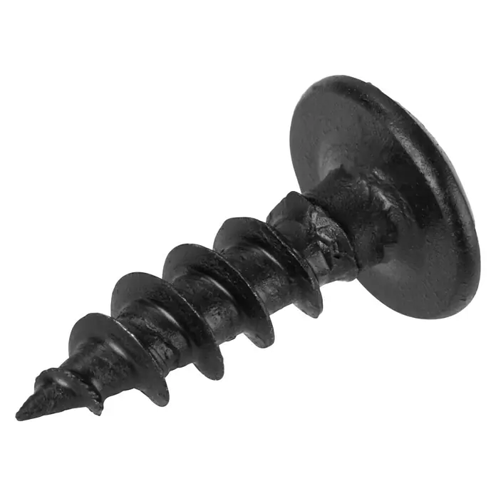 Walteco Rusticline Universalschraube RT-50 - Ø x L: 5 x 16 mm, Schwarz, 16 Stk. - Nahaufnahme einer schwarzen Schraube mit breitem Kopf und scharfem Gewinde auf schwarzem Hintergrund.