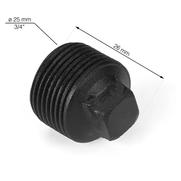 Walteco Rusticline Verschraubung Tube - Stahl, Schwarz, 2 Stk. - Eine Nahaufnahme eines schwarzen Stopfens mit Gewinde und Größenangaben.