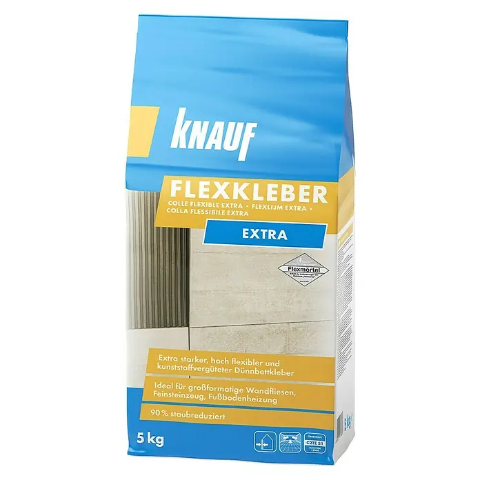 Knauf Flexkleber Extra - 5 kg - Sack Knauf Flexkleber Extra, flexibler Klebemörtel für Fliesen, ideal für Wand- und Fußbodenheizung, staubreduziert.