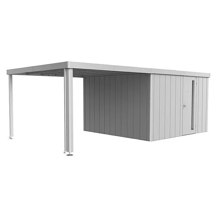 Biohort Neo Seitendach - Passend für: Biohort Gerätehaus NEO, Silber Metallic, 300 x 347 cm - Diagonale Ansicht