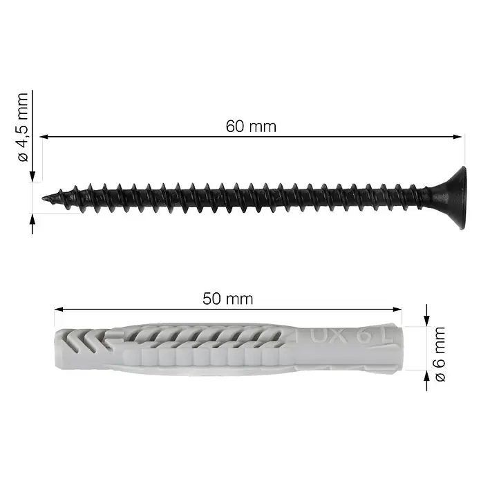 Walteco Rusticline Schrauben-Set - Schraubenset incl. Dübel - Befestigungsmaterial: 60 mm lange Schraube und 50 mm Dübel mit den Durchmessern 4,5 mm bzw. 6 mm für sichere Wandmontage.