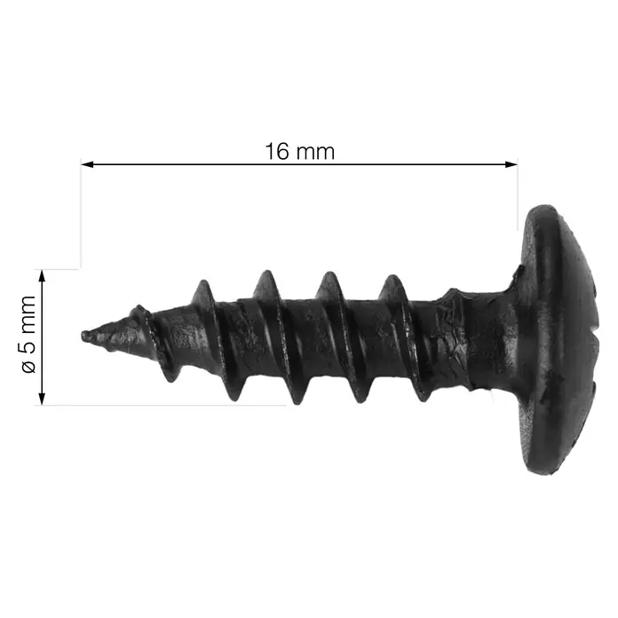 Walteco Rusticline Universalschraube RT-50 - Ø x L: 5 x 16 mm, Schwarz, 16 Stk. - Nahaufnahme einer schwarzen Holzschraube mit Maßen, die die Länge und den Durchmesser des Schraubenkörpers angeben.