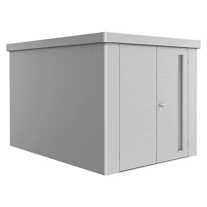 Biohort Neo Gerätehaus Neo 4B - Außenbreite inkl. Dachüberstand: 236 cm, Außentiefe inkl. Dachüberstand: 348 cm, Stahl, Silber-Metallic, Doppeltür - Graues Metall-Gartenhaus mit Doppeltüren und hohem, schmalem Fenster.