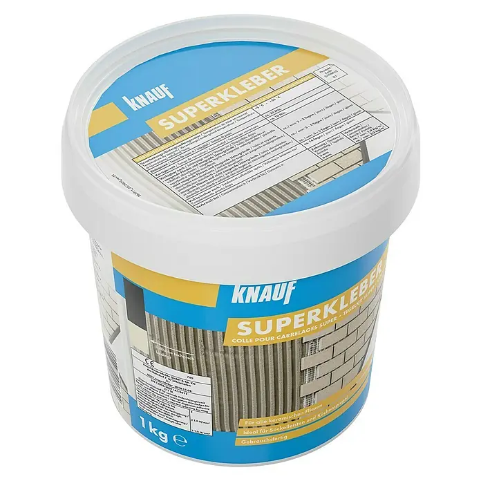Knauf Fliesenkleber Superkleber - 1 kg - Eimer Knauf Superkleber, gebrauchsfertiger Fliesenkleber für keramische Fliesen, ideal für Sockelleisten und Küchenspiegel.