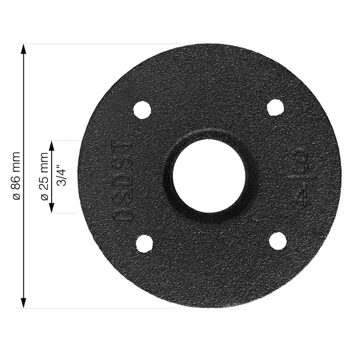 Walteco Rusticline Flanschplatte RT-1 - Durchmesser: 85 mm, Stahl, Schwarz - Schwarzer Flansch mit einem Durchmesser von 86 mm und einer Bohrung von 25 mm (3/4 Zoll) für Rohrverbindungen.