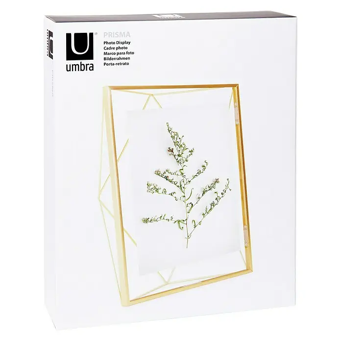 Umbra Bilderrahmen Prisma - 20 x 25 cm, Messing, Glas - Produktabbildung eines Umbra Prisma Fotorahmens in Gold, verpackt in einem weißen Karton.