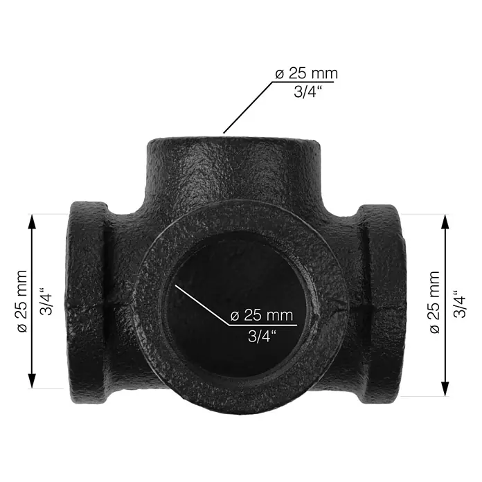Walteco Rusticline T-Y-Stück Tube - Stahl, Schwarz - Schwarzes T-Stück aus Gusseisen mit einem Durchmesser von 25 mm (3/4 Zoll) für Rohre und Installationen.