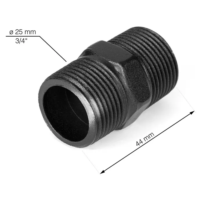 Walteco Rusticline Verbindungsmuffe Tube - Ø x L: 25 x 44 mm - Produktabbildung eines schwarzen 3/4-Zoll-Doppelnippels aus Kunststoff mit den Maßen ø 25 mm und 44 mm Länge.
