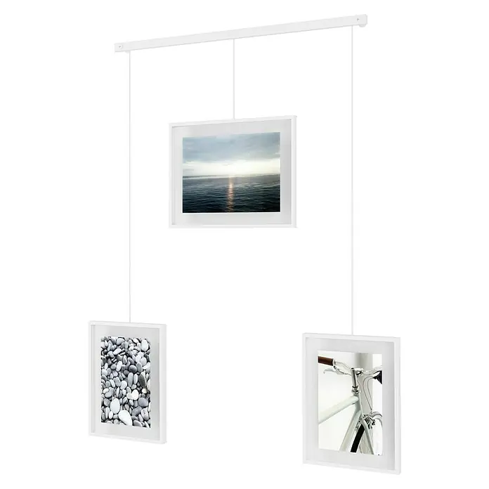 Umbra Bilderrahmen-Set Exhibit - 1 x 13x18 cm, 2 x 10x15 cm, Weiß, Metall - Elegante dreifache Pendelleuchte mit Ozean-, Stein- und Fahrradmotiven, die eine moderne Note in jeden Raum bringt. Stilvolle Dekoration.