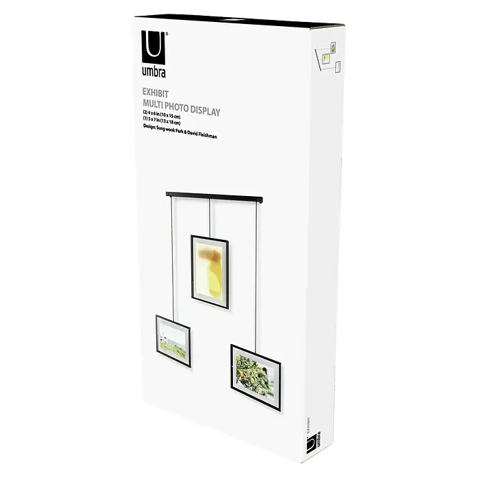 Umbra Bilderrahmen-Set Exhibit - 1 x 13x18 cm, 2 x 10x15 cm, Schwarz, Metall - Kartonverpackung der Umbra Exhibit Multi Photo Display, die eine stilvolle Möglichkeit bietet, mehrere Fotos an einer Wand aufzuhängen.
