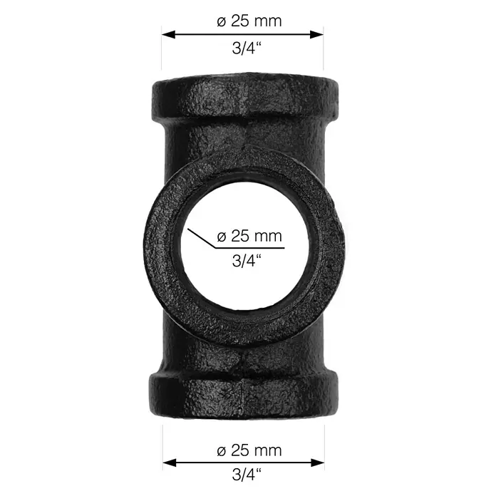 Walteco Rusticline Kreuzstück Tube - Stahl, Schwarz - Schwarzes T-förmiges Rohrstück mit Durchmesserangaben. Ideal für Sanitär- und Heizungsinstallationen.