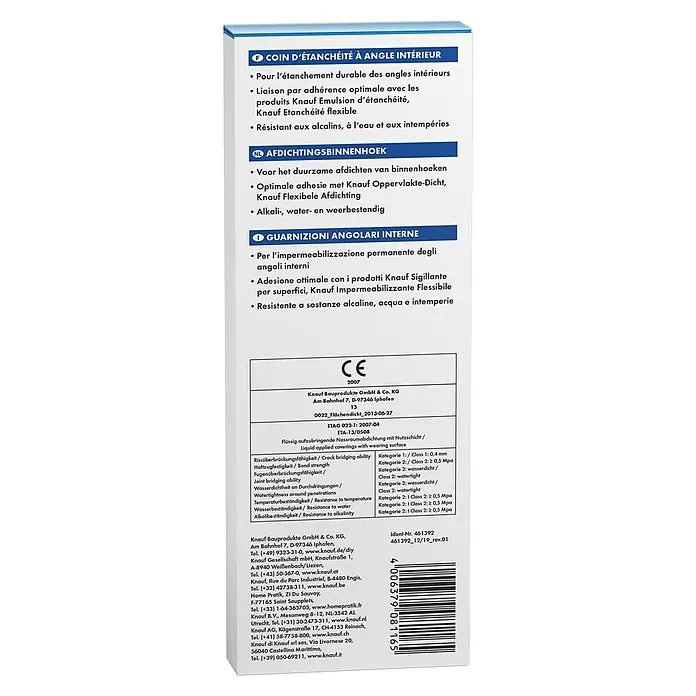 Knauf Dichtecke - Innenecke, 1 Stk. - Produktverpackung: Knauf Dichtecken für dauerhafte, flexible und alkalibeständige Abdichtung von Innenecken im Bad oder in der Küche.