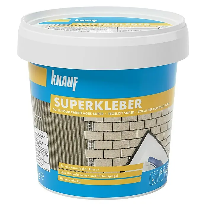 Knauf Fliesenkleber Superkleber - 1 kg - Abbildung eines Eimers Knauf Superkleber, einem gebrauchsfertigen Klebstoff für keramische Fliesen, Sockelleisten und Küchenspiegel.