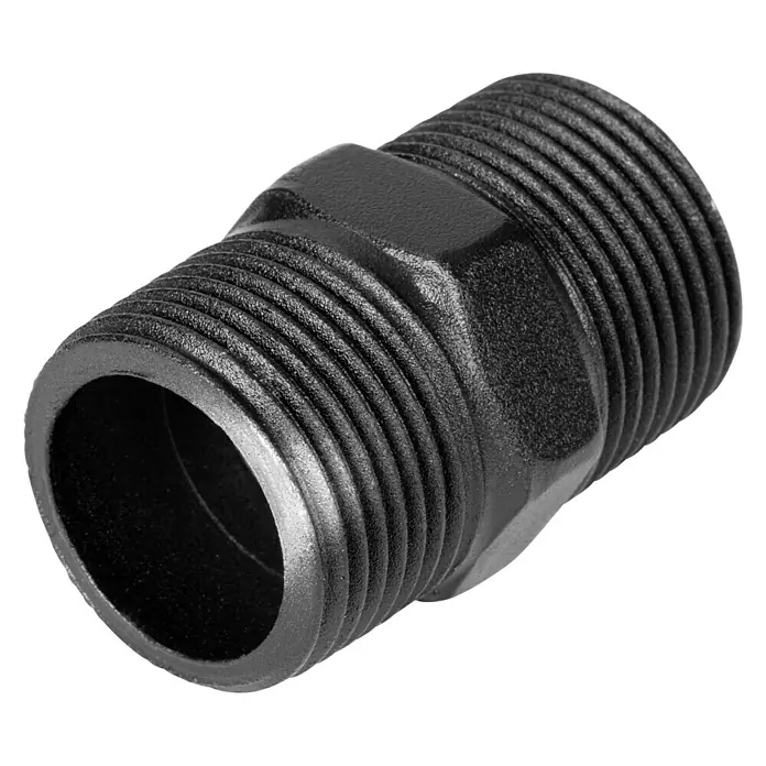 Walteco Rusticline Verbindungsmuffe Tube - Ø x L: 25 x 44 mm - Nahaufnahme eines schwarzen Doppelnippels mit Außengewinde und einem sechseckigen Mittelteil auf schwarzem Hintergrund.