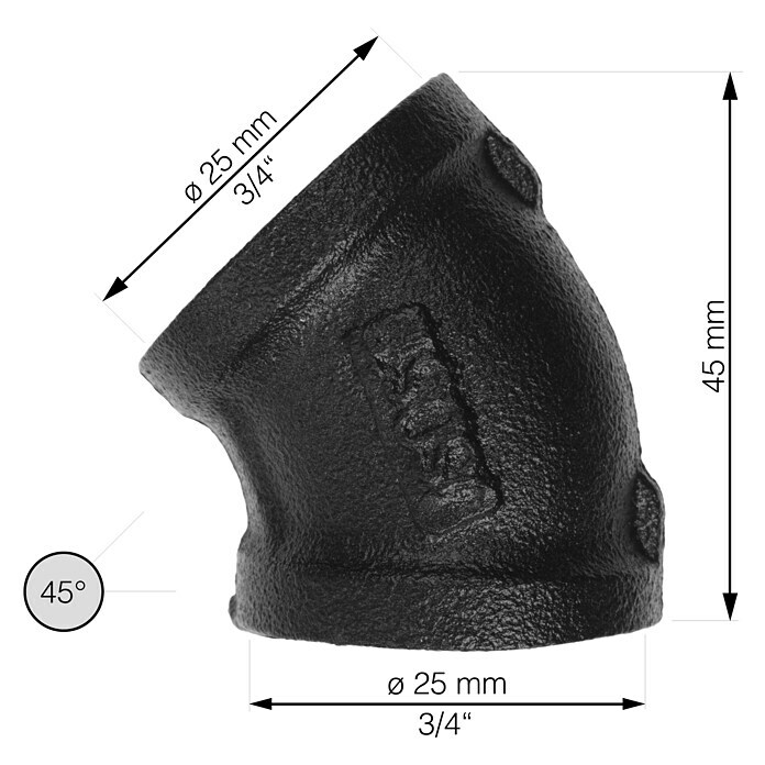 Walteco Rusticline Schraubwinkel TubeStahl, Schwarz, Winkel: 45 ° Sketch