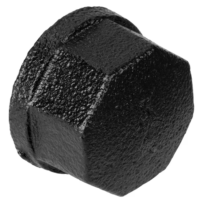 Walteco Rusticline Schraubkappen Tube - Stahl, Schwarz - Schwarze Rohrkappe aus Gusseisen mit einer sechseckigen Form und einer robusten Textur, ideal für den Abschluss von Rohrleitungen.
