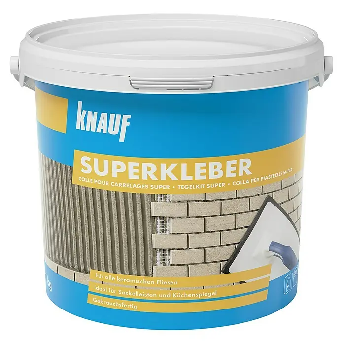 Knauf Fliesenkleber Superkleber - 7 kg - Ein Eimer Knauf Superkleber für Keramikfliesen, ideal für Sockelleisten und Küchenspiegel, gebrauchsfertig und vielseitig einsetzbar.