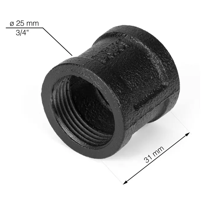 Walteco Rusticline Doppelmuffe Tube - Stahl, Schwarz - Abbildung einer schwarzen Muffe mit einem Durchmesser von 25 mm (3/4") und einer Länge von 31 mm.