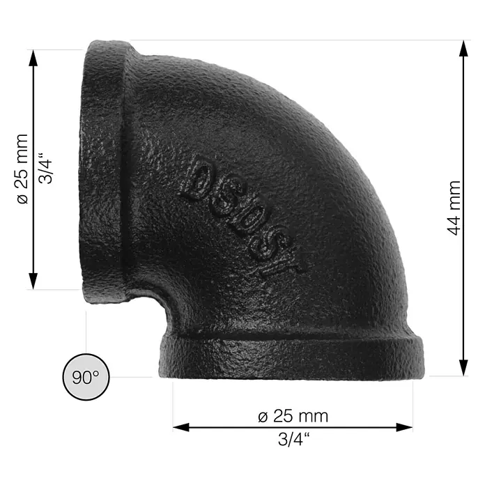 Walteco Rusticline Schraubwinkel Tube - Winkel: 90 °, Stahl, Schwarz, Innengewinde - Produktbild eines 90-Grad-Rohrbogens aus schwarzem Temperguss mit Maßangaben.