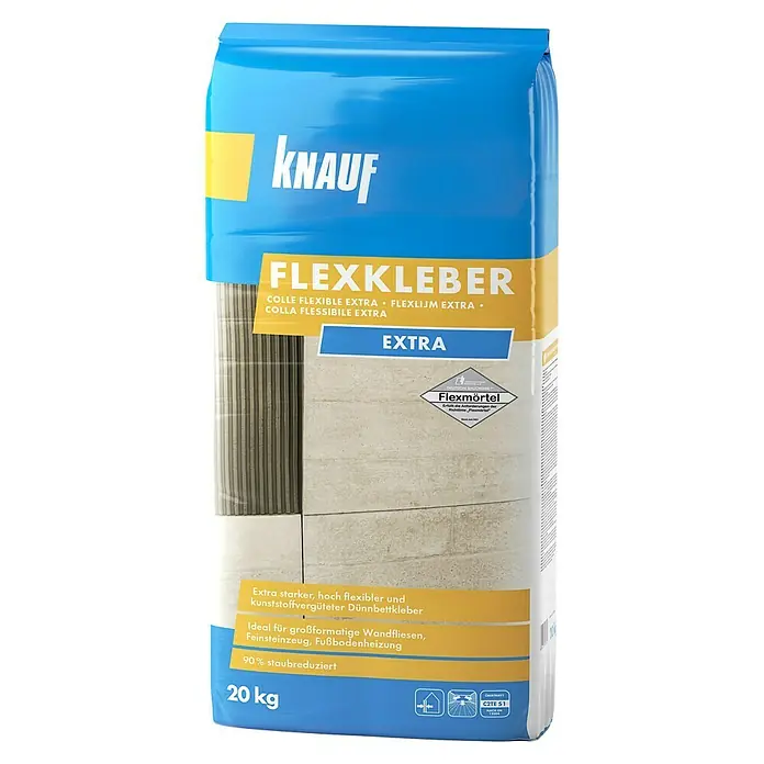Knauf Flexkleber Extra - 20 kg - Sack Knauf Flexkleber Extra, flexibler Klebemörtel für Fliesen, Feinsteinzeug und Fußbodenheizung, 20 kg, staubreduziert.