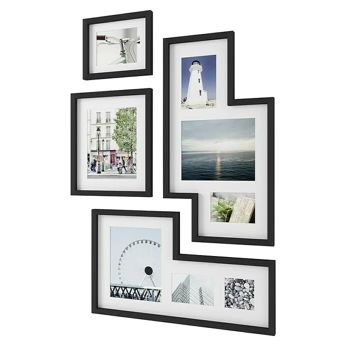 Umbra Juego de marcos - 4 pzs., Negro, Plástico - Marcos de fotos de collage negros y versátiles para una decoración de pared personalizada con tus fotos y recuerdos de vacaciones.