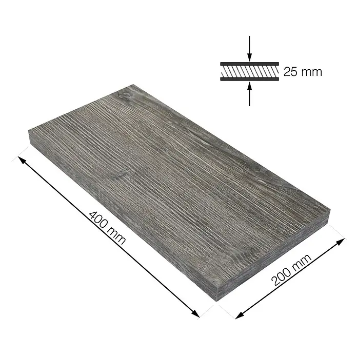 Walteco Rusticline Einlegeboden Tube - L x B x H: 40 x 20 x 2,5 cm, Holz, Farbe: Eiche - Abbildung einer grau gemusterten Holzplatte mit den Maßen 400 mm Länge, 200 mm Breite und 25 mm Dicke.