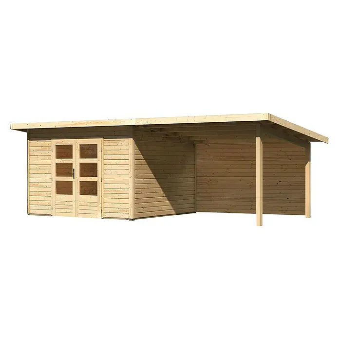 Karibu Gartenhaus Northeim 3 - Außenmaß inkl. Dachüberstand (B x T): 664 x 360 cm, Holz, Natur - Ein helles Holzgartenhaus mit Doppeltür und überdachtem Bereich, ideal für Gartenlagerung und Entspannung im Freien.