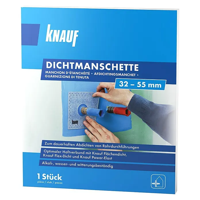 Knauf Dichtmanschette - 150 x 150 mm, Lochdurchmesser: 32 mm - 55 mm - Das Knauf Dichtmanschette-Produktbild zeigt eine Abdichtungsmanschette für Rohrdurchführungen, die dauerhaft abdichtet und leicht anzubringen ist.