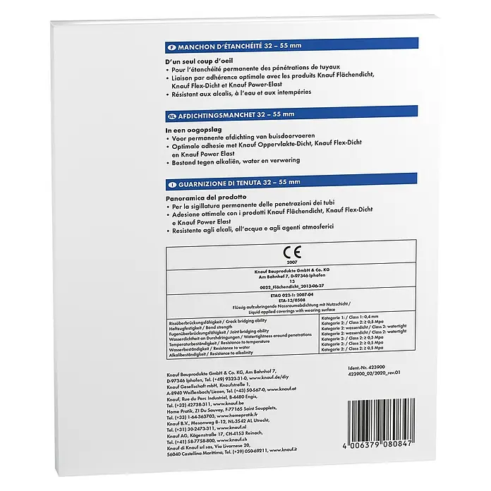 Knauf Dichtmanschette - 150 x 150 mm, Lochdurchmesser: 32 mm - 55 mm - Das Bild zeigt Details der Knauf Dichtungsmanschette (32-55 mm) mit technischen Daten, Anwendungsbereichen und Herstellerinformationen.