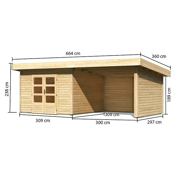 Karibu Gartenhaus Northeim 3 - Außenmaß inkl. Dachüberstand (B x T): 664 x 360 cm, Holz, Natur - Abmessungen einer Holzhütte mit den Massen 664 cm Länge und 360 cm Breite, die eine Tür und einen offenen Bereich umfasst.