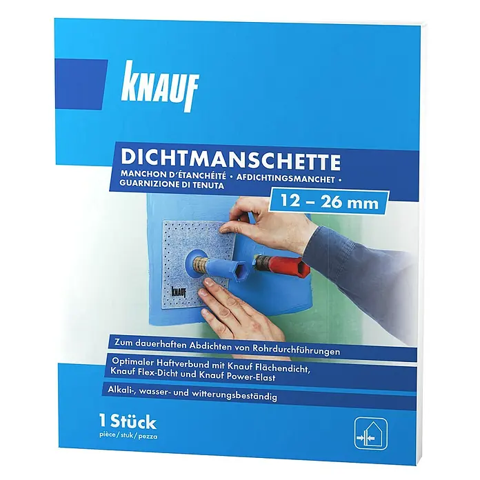 Knauf Dichtmanschette - 100 x 100 mm, Lochdurchmesser: 12 mm - 26 mm - Verpackung der Knauf Dichtmanschette, ideal zum dauerhaften Abdichten von Rohrdurchführungen, alkali-, wasser- und witterungsbeständig.