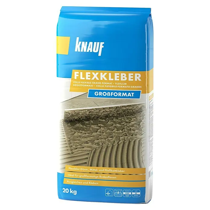 Knauf Flexkleber Großformat - 20 kg - Aufnahme einer Packung Knauf Flexkleber Großformat. Der Flexkleber eignet sich ideal für großformatige Bodenfliesen und zum Ausgleichen und Kleben.