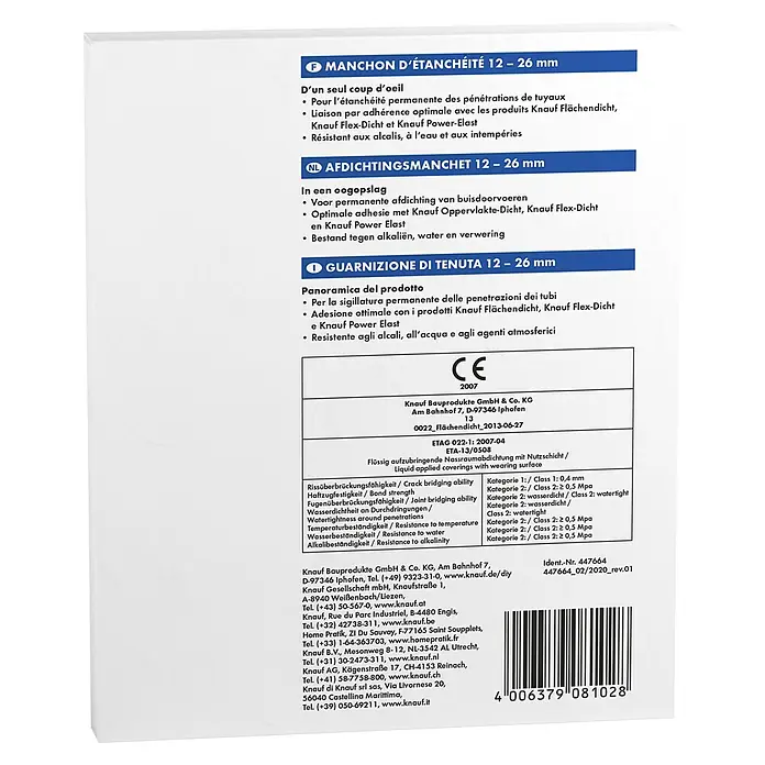 Knauf Dichtmanschette - 100 x 100 mm, Lochdurchmesser: 12 mm - 26 mm - Nahaufnahme der Knauf Dichtungsmanschette 12-26 mm, ideal für dauerhafte Abdichtung und beständig gegen äußere Einflüsse.