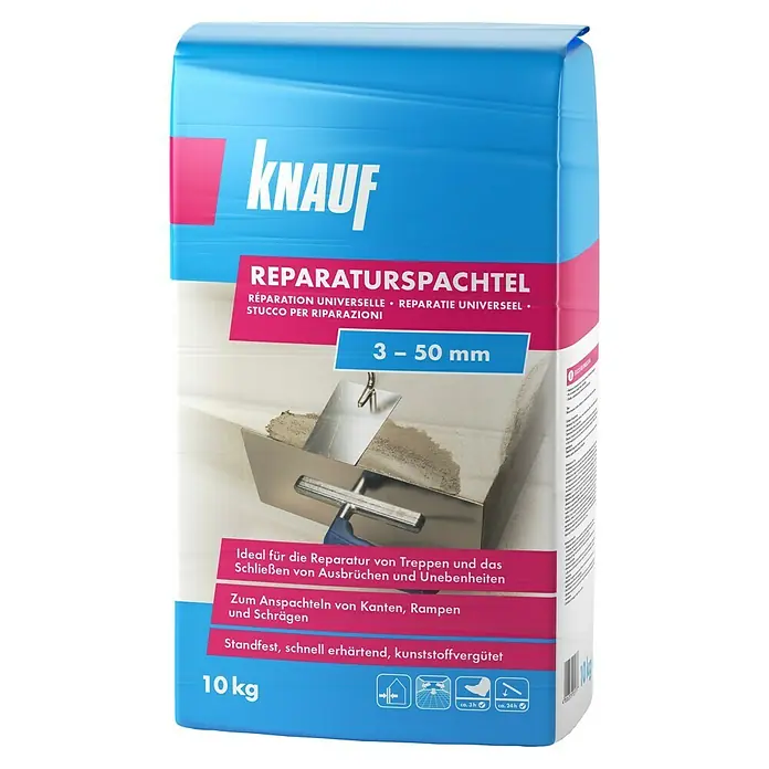 Knauf Flächenspachtel - 10 kg - Bild eines 10 kg-Sacks Knauf Reparaturspachtel, ein vielseitiges Produkt zur Reparatur von Treppen und zum Ausgleichen von Unebenheiten.