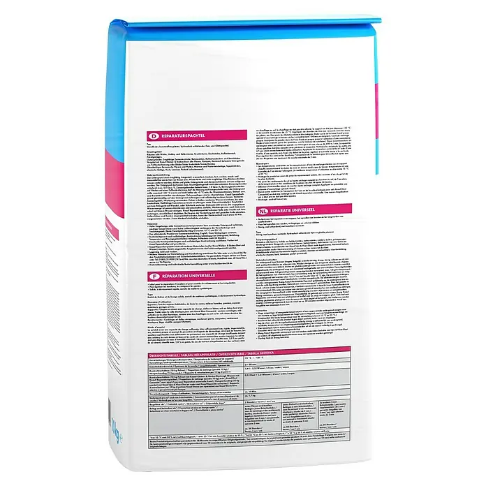 Knauf Flächenspachtel - 10 kg - Bild eines Reparatursspachtel-Produkts mit detaillierten Anweisungen zur Verwendung und Inhaltsangaben auf der Verpackung.